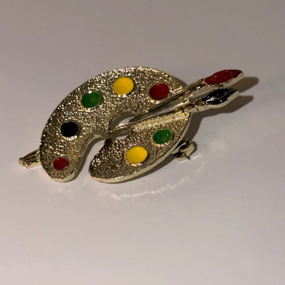 Gerrys Artist Palette Brooch OS Excellent Gold Tone Enamel‎ Paint Brush Art Pin